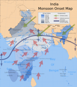 Mapa de monzón en India. Imagen: Savarask. Fuente: Wikimedia Commons