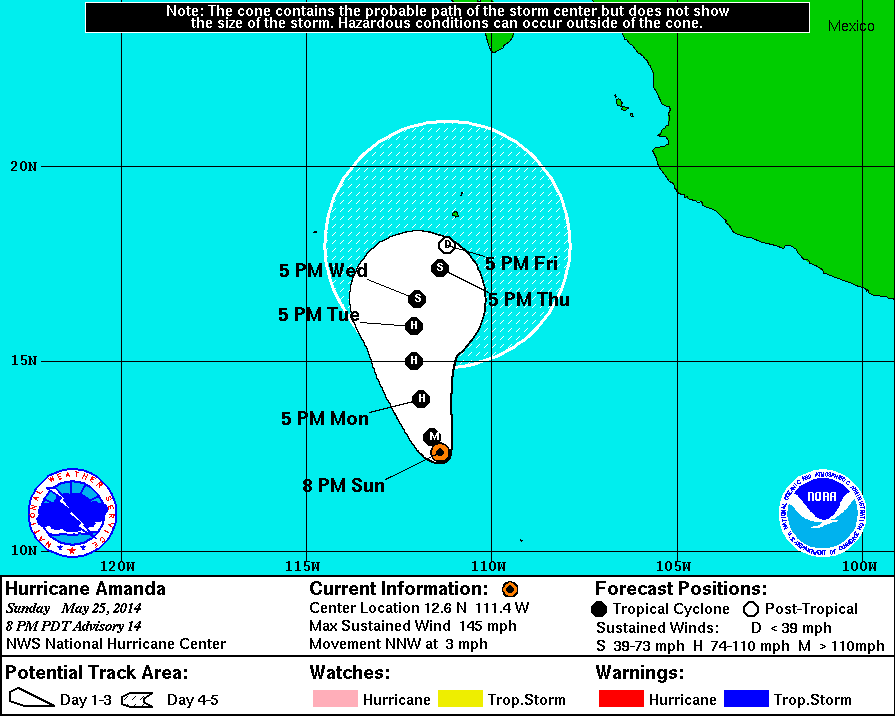 Predicción de la trayectoria e intensidad de Amanda para los próximos días por el Centro Nacional de Huracanes. 